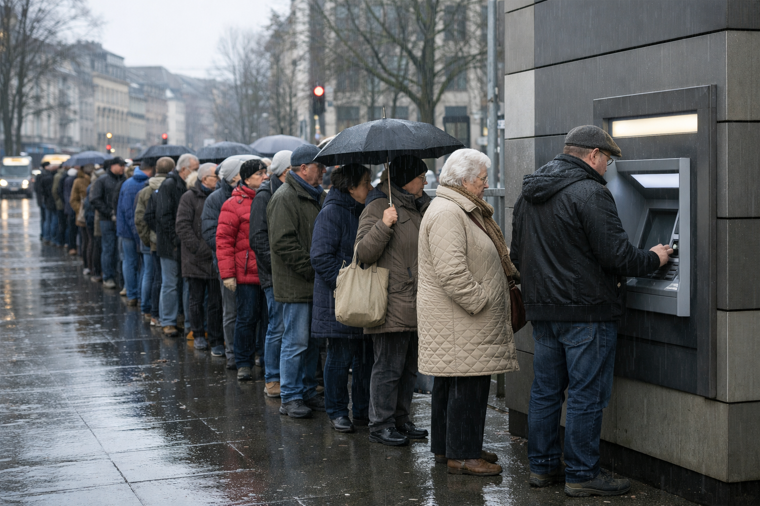 Menschen stehen in einer Schlange vor einem Geldautomaten (Illustration zum Thema Bargeldnutzung)